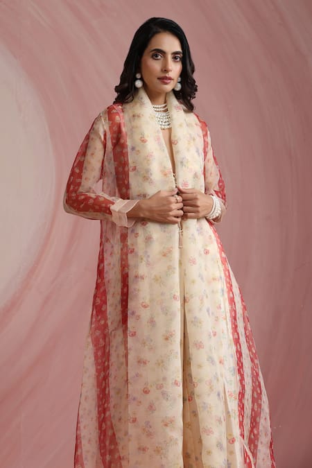 Buy_Moh India_Ivory Chanderi Silk, Organza V-, Open Palace Petals Overlay Trouser Set 