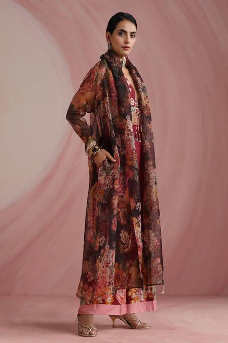 Moh India_Burgundy Organza V-neck The Maharani Bagh Overlay _Online_at_Aza_Fashions