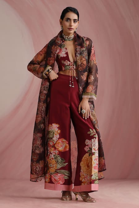 Moh India Burgundy Organza V-neck The Maharani Bagh Overlay 