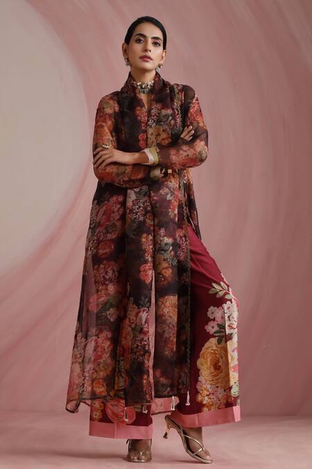 Buy_Moh India_Burgundy Organza V-neck The Maharani Bagh Overlay _Online_at_Aza_Fashions