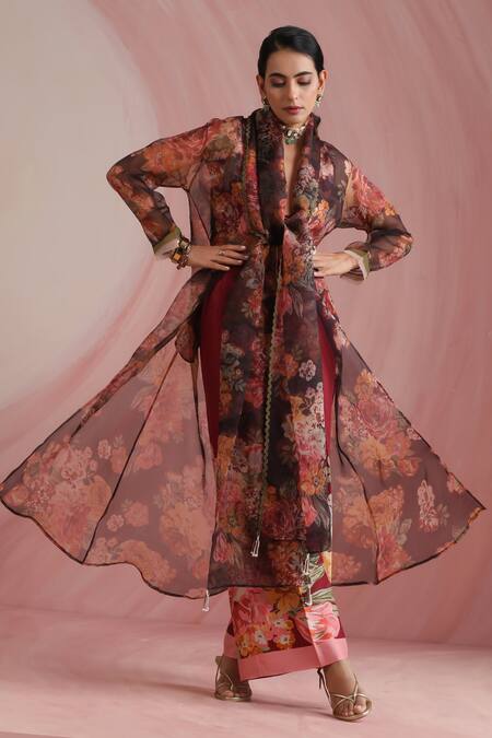 Shop_Moh India_Burgundy Organza V-neck The Maharani Bagh Overlay _Online_at_Aza_Fashions