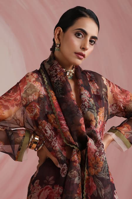 Moh India_Burgundy Organza V-neck The Maharani Bagh Overlay _at_Aza_Fashions