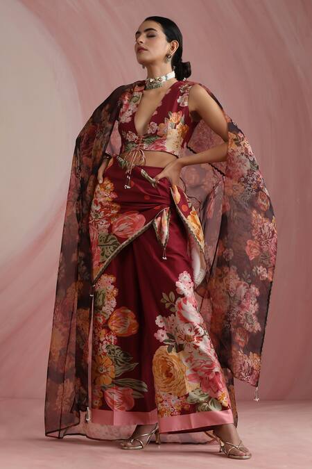 Buy_Moh India_Burgundy Organza V-neck The Maharani Bagh Overlay 