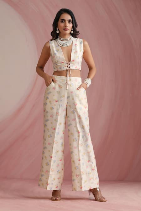 Buy_Moh India_Ivory Organza V-, Open Palace Petals Overlay _Online_at_Aza_Fashions