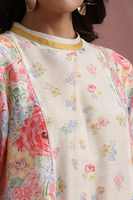 Buy_Moh India_Ivory Chanderi Silk, Cotton, Organza Round Neck Courtyard Gardens Kurta Pant Set _Online_at_Aza_Fashions