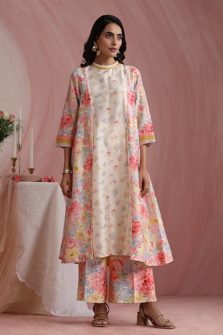 Shop_Moh India_Ivory Chanderi Silk, Cotton, Organza Round Neck Courtyard Gardens Kurta Pant Set _Online_at_Aza_Fashions