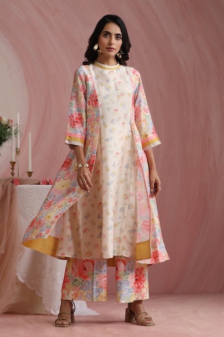 Moh India_Ivory Chanderi Silk, Cotton, Organza Round Neck Courtyard Gardens Kurta Pant Set _at_Aza_Fashions