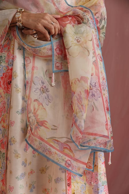 Buy_Moh India_Ivory Chanderi Silk, Cotton, Organza Round Neck Courtyard Gardens Kurta Pant Set 