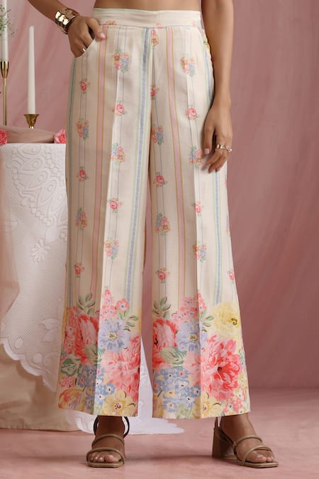 Shop_Moh India_Ivory Chanderi Silk, Cotton, Organza Round Neck Courtyard Gardens Kurta Pant Set 
