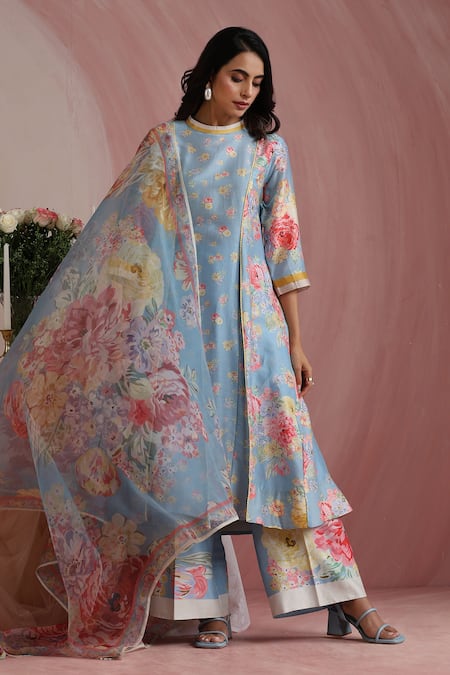 Moh India Sky Blue Chanderi Silk, Cotton, Organza Powder Light Blossoms Kurta Pant Set 
