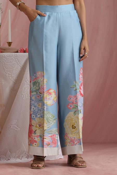 Moh India_Sky Blue Chanderi Silk, Cotton, Organza Powder Light Blossoms Kurta Pant Set _Online_at_Aza_Fashions