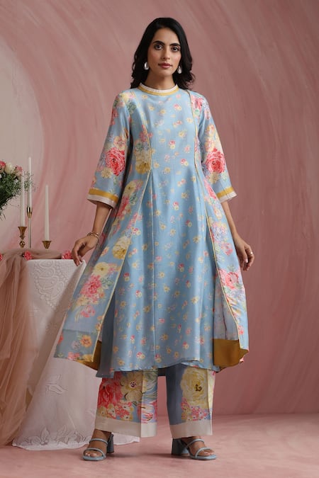Buy_Moh India_Sky Blue Chanderi Silk, Cotton, Organza Powder Light Blossoms Kurta Pant Set _Online_at_Aza_Fashions