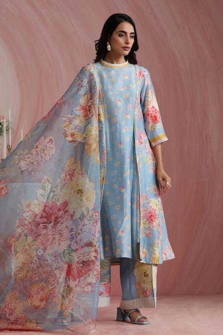 Shop_Moh India_Sky Blue Chanderi Silk, Cotton, Organza Powder Light Blossoms Kurta Pant Set _Online_at_Aza_Fashions