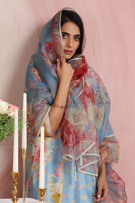 Moh India_Sky Blue Chanderi Silk, Cotton, Organza Powder Light Blossoms Kurta Pant Set _at_Aza_Fashions
