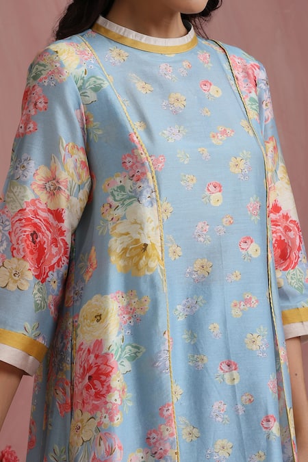 Buy_Moh India_Sky Blue Chanderi Silk, Cotton, Organza Powder Light Blossoms Kurta Pant Set 