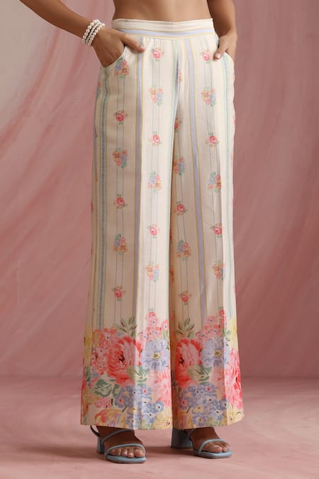 Moh India_Multi Color Chanderi Silk, Cotton Round Neck Rani Bloom Cape And Pant Set _Online_at_Aza_Fashions