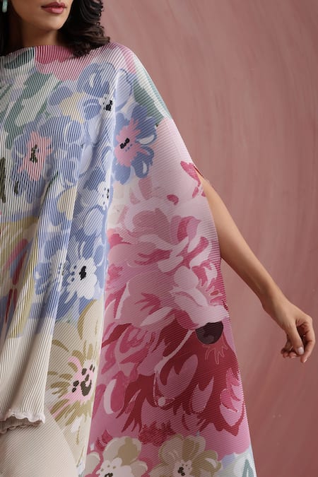 Buy_Moh India_Multi Color Chanderi Silk, Cotton Round Neck Rani Bloom Cape And Pant Set _Online_at_Aza_Fashions