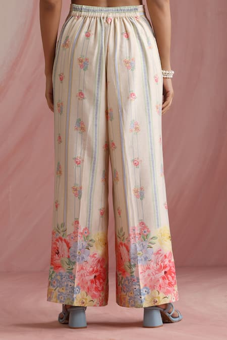 Shop_Moh India_Multi Color Chanderi Silk, Cotton Round Neck Rani Bloom Cape And Pant Set _Online_at_Aza_Fashions
