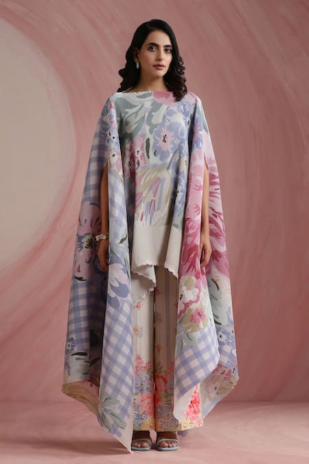 Moh India Multi Color Chanderi Silk, Cotton Round Neck Rani Bloom Cape And Pant Set 