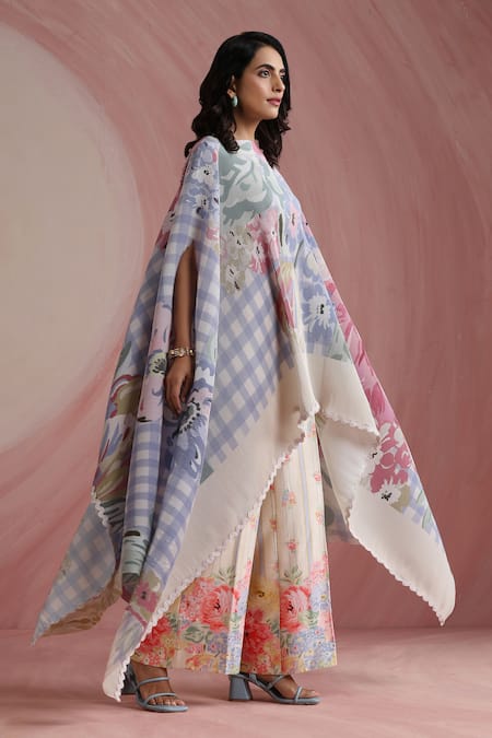 Buy_Moh India_Multi Color Chanderi Silk, Cotton Round Neck Rani Bloom Cape And Pant Set 