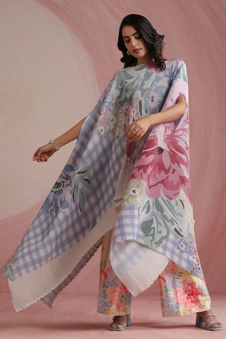 Shop_Moh India_Multi Color Chanderi Silk, Cotton Round Neck Rani Bloom Cape And Pant Set 