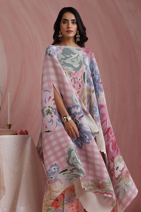 Moh India_Pink Chanderi Boat Neck Raj Bagh Cape And Pant Set _at_Aza_Fashions