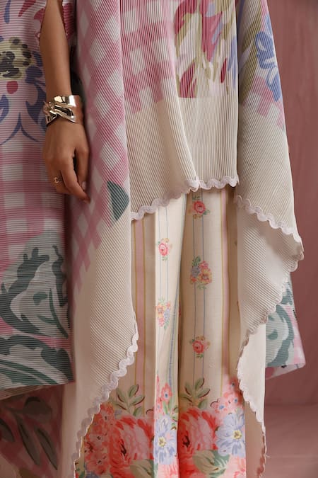 Buy_Moh India_Pink Chanderi Boat Neck Raj Bagh Cape And Pant Set 