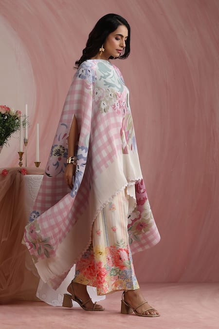 Moh India_Pink Round Neck Raj Bagh Rose Quartz Cape _Online_at_Aza_Fashions