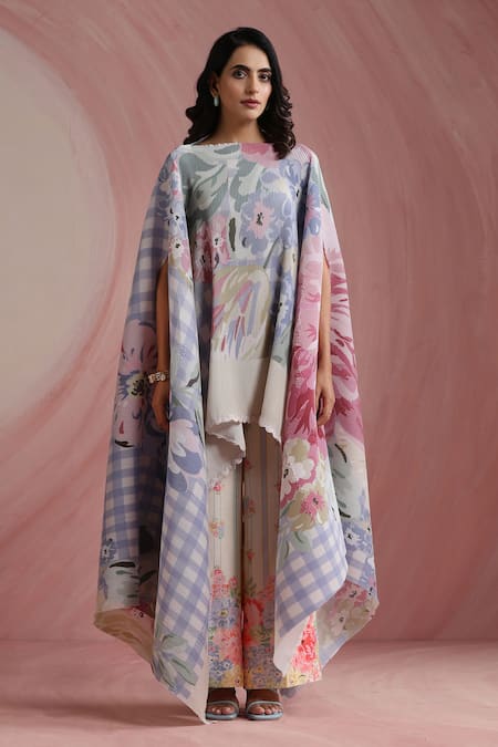 Moh India_Sky Blue Round Neck Rani Bloom Powder Cape _Online_at_Aza_Fashions