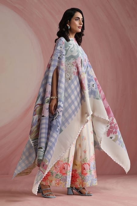 Buy_Moh India_Sky Blue Round Neck Rani Bloom Powder Cape _Online_at_Aza_Fashions