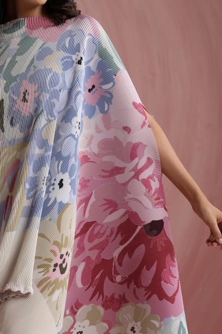 Shop_Moh India_Sky Blue Round Neck Rani Bloom Powder Cape _Online_at_Aza_Fashions