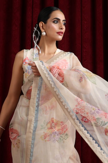 Moh India_Ivory Organza Piping V-neck Mohtarmas Rose Garden Saree With Blouse _Online_at_Aza_Fashions