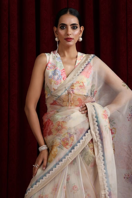 Buy_Moh India_Ivory Organza Piping V-neck Mohtarmas Rose Garden Saree With Blouse _Online_at_Aza_Fashions