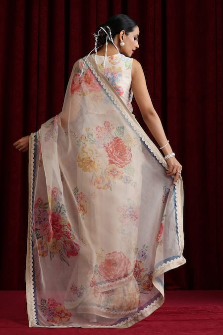 Moh India Mohtarmas Rose Garden Ivory Saree With Blouse 