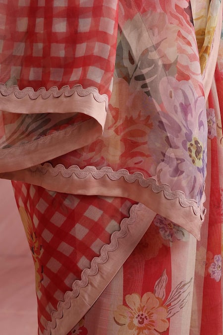 Moh India_Red Organza, Chanderi Silk High Neck The Jaipur Crimson Saree With Blouse _Online_at_Aza_Fashions