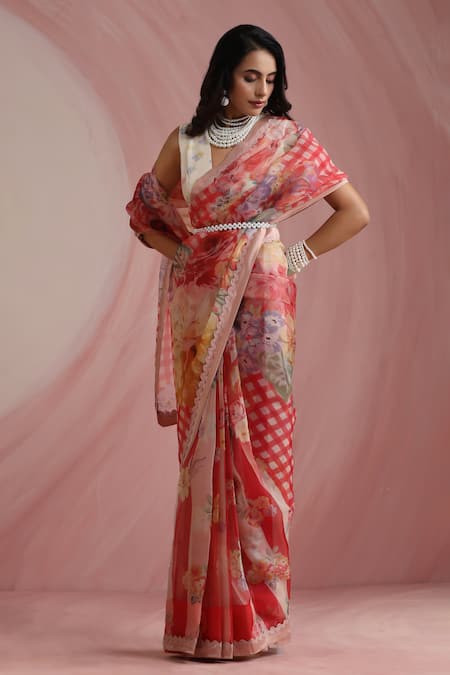 Buy_Moh India_Red Organza, Chanderi Silk High Neck The Jaipur Crimson Saree With Blouse _Online_at_Aza_Fashions