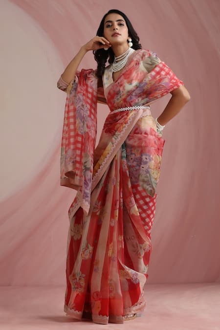 Moh India Red Organza, Chanderi Silk High Neck The Jaipur Crimson Saree With Blouse 
