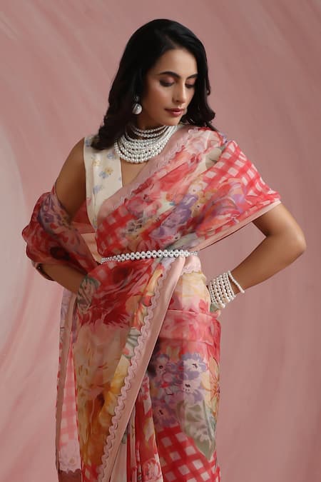 Shop_Moh India_Red Organza, Chanderi Silk High Neck The Jaipur Crimson Saree With Blouse _Online_at_Aza_Fashions