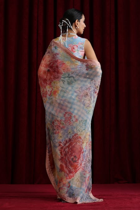 Moh India Rani Bloom Powder Blue Saree With Blouse 