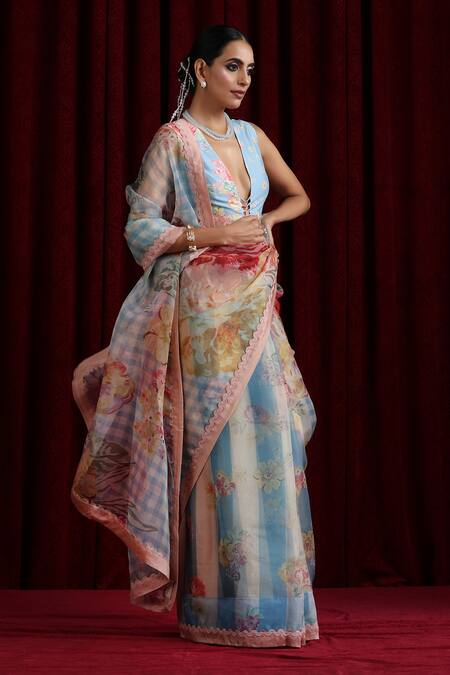 Moh India_Sky Blue Organza, Chanderi Silk V-neck Rani Bloom Powder Saree With Blouse _Online_at_Aza_Fashions