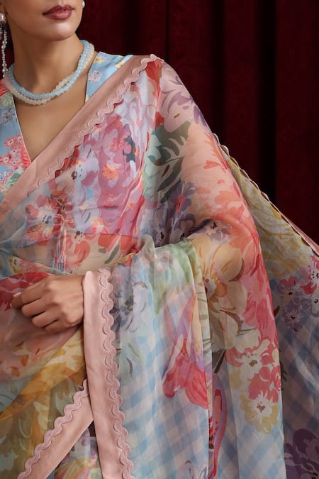 Buy_Moh India_Sky Blue Organza, Chanderi Silk V-neck Rani Bloom Powder Saree With Blouse _Online_at_Aza_Fashions