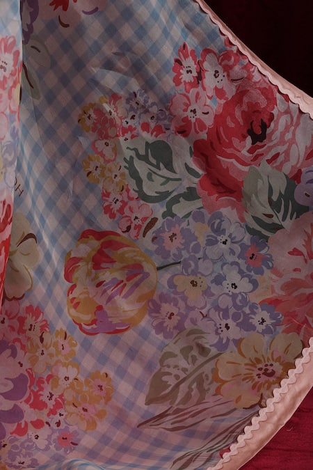 Shop_Moh India_Sky Blue Organza, Chanderi Silk V-neck Rani Bloom Powder Saree With Blouse _Online_at_Aza_Fashions