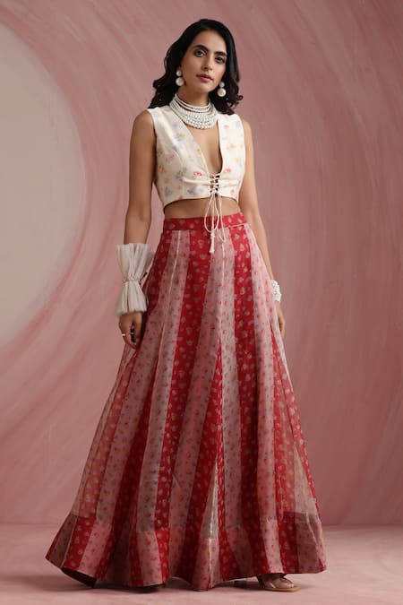 Moh India_Red Organza, Chanderi Silk V-neck, Round Palace Petals Embroidered Lehenga Set _Online_at_Aza_Fashions