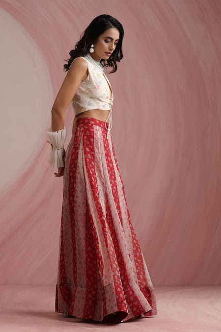 Buy_Moh India_Red Organza, Chanderi Silk V-neck, Round Palace Petals Embroidered Lehenga Set _Online_at_Aza_Fashions