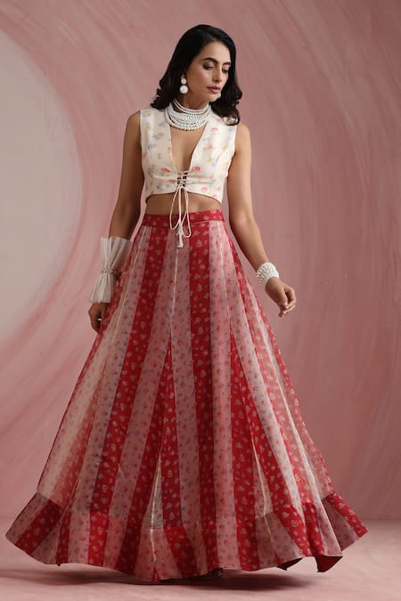 Shop_Moh India_Red Organza, Chanderi Silk V-neck, Round Palace Petals Embroidered Lehenga Set _Online_at_Aza_Fashions