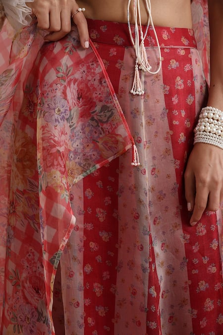 Moh India_Red Organza, Chanderi Silk V-neck, Round Palace Petals Embroidered Lehenga Set _at_Aza_Fashions