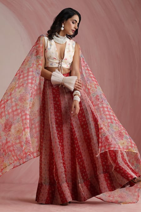 Buy_Moh India_Red Organza, Chanderi Silk V-neck, Round Palace Petals Embroidered Lehenga Set 