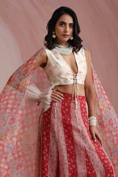 Shop Moh India Red Organza, Chanderi Silk V-neck, Round Palace Petals Embroidered Lehenga Set Shop_Moh India_Red Organza, Chanderi Silk V-neck, Round Palace Petals Embroidered Lehenga Set