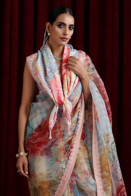 Moh India Multi Color Lace, Tassels Rani Bloom Powder Blue Scarf 