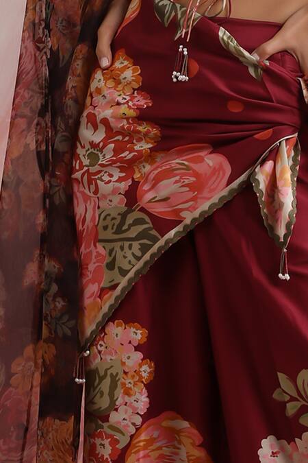 Moh India_Burgundy Chanderi Silk The Maharani Bagh Scarf _Online_at_Aza_Fashions